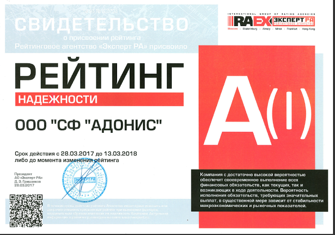 RAEX (Эксперт РА) подтвердил рейтинг страховой компании «Адонис» на уровне А(I)