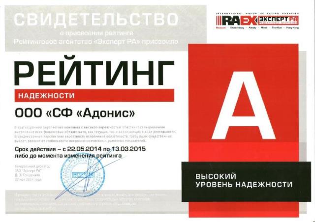 СФ «Адонис» подтвердил свой рейтинг надежности на уровне А и повысил подуровень со «второго» до «первого»